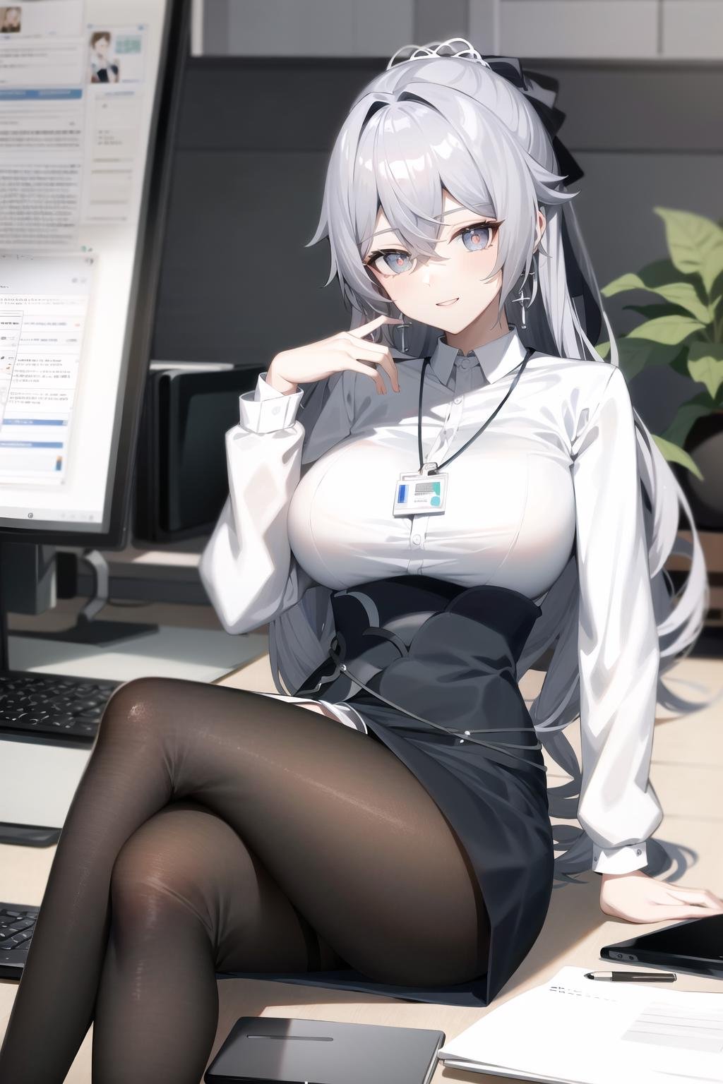 (Realistic painting style:0.9), masterpiece, best quality,  absurdres, looking at viewer, solo, bronya zaychik, red pupils, breasts, long hair, grey hair, bangs, grey eyes, earrings, drill hair, hair between eyes, large breasts, hair ornament, office, white sweater, indoors, black skirt, pencil skirt, smile, office lady, id card, black pantyhose, monitor, computer, crossed legs 