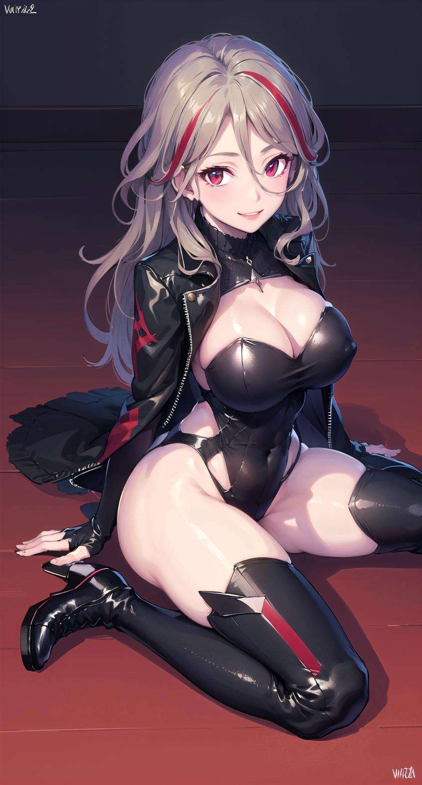 (masterpiece,best quality, detailed), indoors, looking at viewer, 1girl, solo, full body, from above, smile, sitting, wariza,origin, 1girl, huge breasts, solo, leotard, fingerless gloves, cleavage,  black jacket, black thighhighs, ,high heel boots,  looking at viewer, long hair <lora:m1887-pynoise:1>