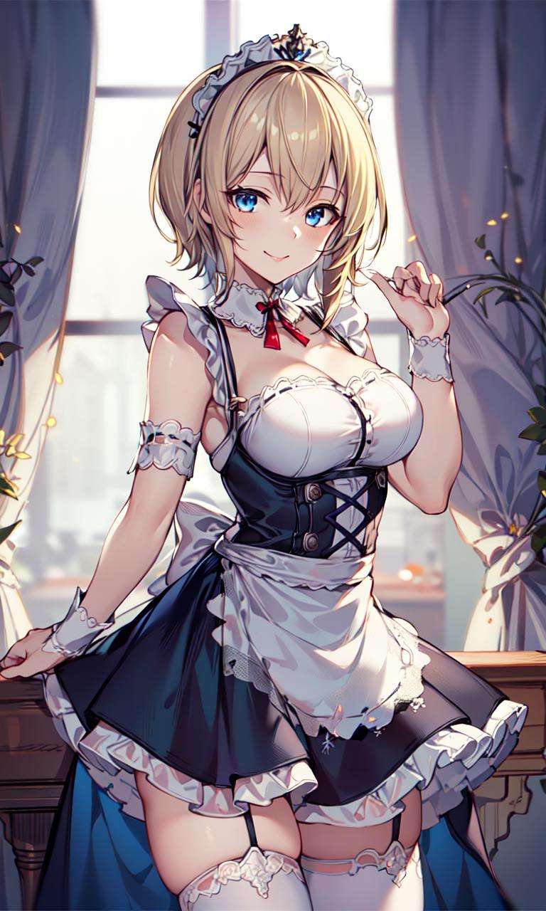 (masterpiece),(best quality),extreamly delicate and beautiful,illustration,(maid),(maid headdress:1.1), (maid apron:1.1), 1girl,     gbf-europa , blue eyes,breasts,   1girl,seductive smile,  smile, short blonde hair,thighhighs,  cowboy shot,  <lora:gbf-Europa:0.41>