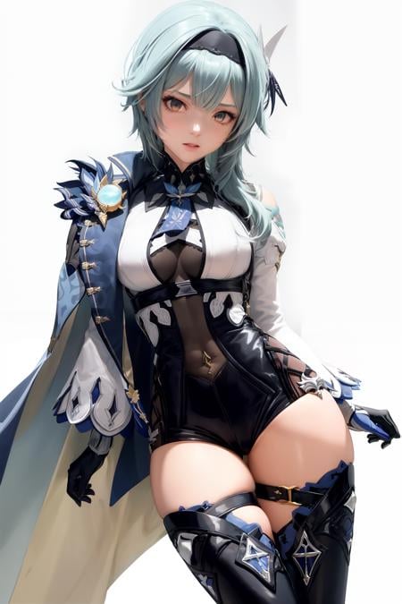 masterpiece, best quality,   <lora:eula:1>, 1girl,eula \(genshin impact\),hairband,blue hair,multicolored eyes,necktie,cape,vision \(genshin impact\),leotard,long sleeves,gloves,sidelocks,  black thighhighs, grey background, 