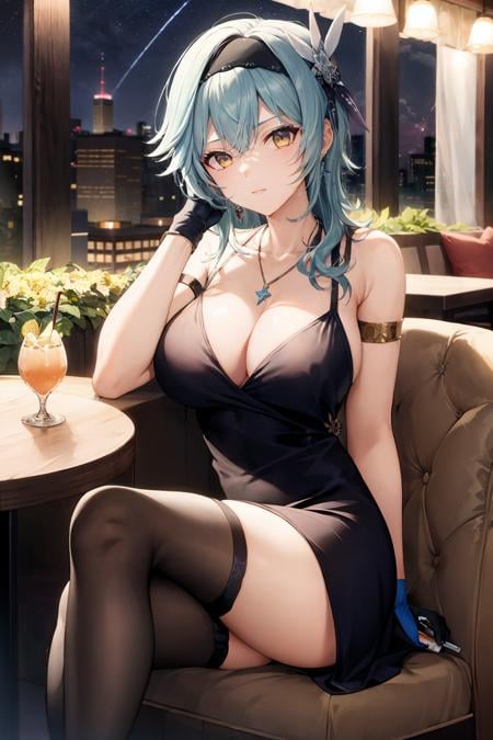 masterpiece, best quality,   <lora:eula:1>,1girl, breasts, eula (genshin impact), solo, thighhighs, gloves, crossed legs, hairband, jewelry, blue hair, cup, sitting, dress, large breasts, elbow rest, hair ornament, earrings, black dress, looking at viewer, thighs, black gloves, black thighhighs, bare shoulders, head rest, cleavage, yellow eyes, black hairband, bangs, holding, drinking glass, alcohol, night, indoors, table, hair between eyes, holding cup, closed mouth, necklace, sidelocks, halter dress, armlet, border, alternate costume, drink, feet out of frame, lamp, medium hair, glint, hand on own cheek, building, sleeveless dress, long hair, bar (place), food, hand on own face, halterneck, arm strap, holding drink, sideboob, cocktail dress, night sky, bottle, sky