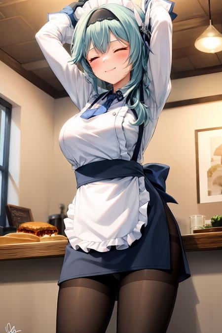 masterpiece, best quality,   <lora:eula:1>,1girl, chef, chef hat, eula (genshin impact), solo, closed eyes, pantyhose, apron, blue hair, breasts, gloves, arms up, long sleeves, large breasts, smile, hat, closed mouth, bangs, black gloves, hairband, necktie, cowboy shot, signature, black hairband, long hair, shirt, blurry, blurry background, medium hair, waist apron, black pantyhose, food, black apron, indoors, alternate costume, standing, official alternate costume, kitchen, hair ornament, hair between eyes, white shirt, sidelocks, white apron, blush, blue necktie, white headwear, brown pantyhose, striped, stretching