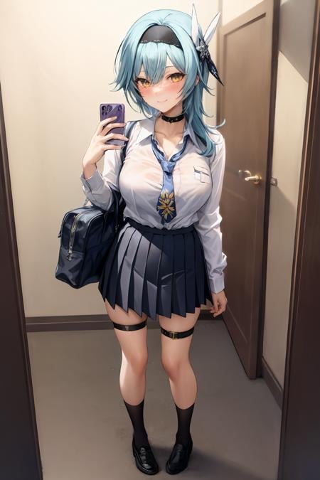 masterpiece, best quality,   <lora:eula:1>,1girl, eula (genshin impact), solo, skirt, necktie, breasts, phone, full body, bag, shirt, blue hair, thigh strap, black skirt, looking at viewer, holding, choker, hairband, school uniform, socks, pleated skirt, holding phone, black choker, white shirt, large breasts, cellphone, black footwear, shoes, blue necktie, yellow eyes, alternate costume, standing, long sleeves, black socks, loafers, collared shirt, black hairband, bangs, thighs, smartphone, blush, medium hair, shirt tucked in, school bag, hand up, closed mouth, bra visible through clothes,smile, arm behind back, hair between eyes, contemporary, sidelocks, shoulder bag,  miniskirt