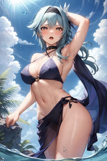 masterpiece, best quality,   <lora:eula:1>,1girl, eula (genshin impact), swimsuit, breasts, bikini, solo, blue hair, open mouth, large breasts, navel, armpits, sky, hairband, blue sky, partially underwater shot, day, water, outdoors, blue bikini, looking at viewer, thighs, bangs, cloud, hair ornament, medium hair, wading, black hairband, cleavage, wet, yellow eyes, purple eyes, arm up, halterneck, bare shoulders, stomach, blush, partially submerged, bubble, highleg, multicolored eyes, see-through, bare arms, ocean, arms up, choker, hair between eyes, sarong, highleg bikini, standing, purple bikini, water drop, cowboy shot, criss-cross halter, alternate costume, nail polish