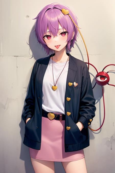 masterpiece, best quality,   <lora:KomeijiSatori:1>,1girl, solo, komeiji satori, hair ornament, pink skirt, skirt, short hair, third eye, heart, shirt, looking at viewer, contemporary, long sleeves, jacket, purple hair, white shirt, heart hair ornament, cowboy shot, alternate costume, open clothes, bangs, hairclip, hand in pocket, holding, open jacket, standing, against wall, belt, casual, holding food, pink eyes, wall, shadow, red eyes, adapted costume, hand up, letterman jacket, tongue, blue jacket, off shoulder,  denim, badge, hair between eyes, miniskirt, tongue out, eyeball, blush,