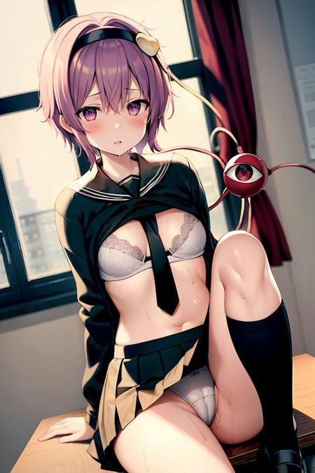 masterpiece, best quality,   <lora:KomeijiSatori:1>,1girl, solo, komeiji satori, underwear, hairband, breasts, skirt, heart, panties, white panties, school uniform, sitting, pink hair, bra, white bra, indoors, third eye, looking at viewer, black socks, heart hair ornament, black hairband, long sleeves, blush, short hair, shirt, socks, serafuku, desk, kneehighs, window, pleated skirt, bow, pink eyes, dutch angle, small breasts, alternate costume, bangs, cameltoe, black necktie, clothes lift, necktie, hair ornament, school desk, curtains, parted lips, thighs, sweat, eyeball, open clothes, white shirt, on desk, sweater, miniskirt, sailor collar, sitting on desk, open shirt, bow bra, medium breasts, black skirt, purple eyes, lifted by self, hair between eyes, classroom, feet out of frame, shirt lift, brown skirt, arm support, contemporary, pantyshot, shiny, between breasts, knee up