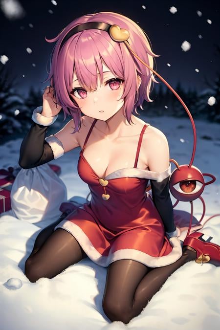 masterpiece, best quality,   <lora:KomeijiSatori:1>,1girl, komeiji satori, pink hair, pantyhose, solo, hairband, short hair, breasts, sack, third eye, looking at viewer, pink eyes, dress, red footwear, v, from above, heart, collarbone, small breasts, boots, bare shoulders, black pantyhose, red dress, santa costume, detached sleeves, downblouse, snowing, snow, holding, alternate costume, bangs, christmas, blush, fur trim, black hairband, outdoors, heart hair ornament, long sleeves, sitting, green bow, full body, night, parted lips, hand up, short dress, hair ornament, cleavage, looking up, hair between eyes, eyeball, blurry, bell, arm warmers, bag