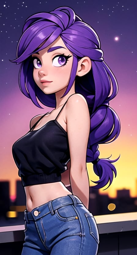 (hyperealistic detailed face:1.2), (looking at viewer:1.2), (frontal view), centered, upper body, award winning frontal photography, masterpiece, | (arms behind back), (beautiful detailed eyes:1.2), braided hairstyle, (purple hair color), (light purple eyes), (black tube top), midriff, navel, lowleg jeans, | sunset, bokeh, depth of field, | urban, street, City, | starry sky, vaporwave color scheme, (saturated colors:1.2), ,3DMM