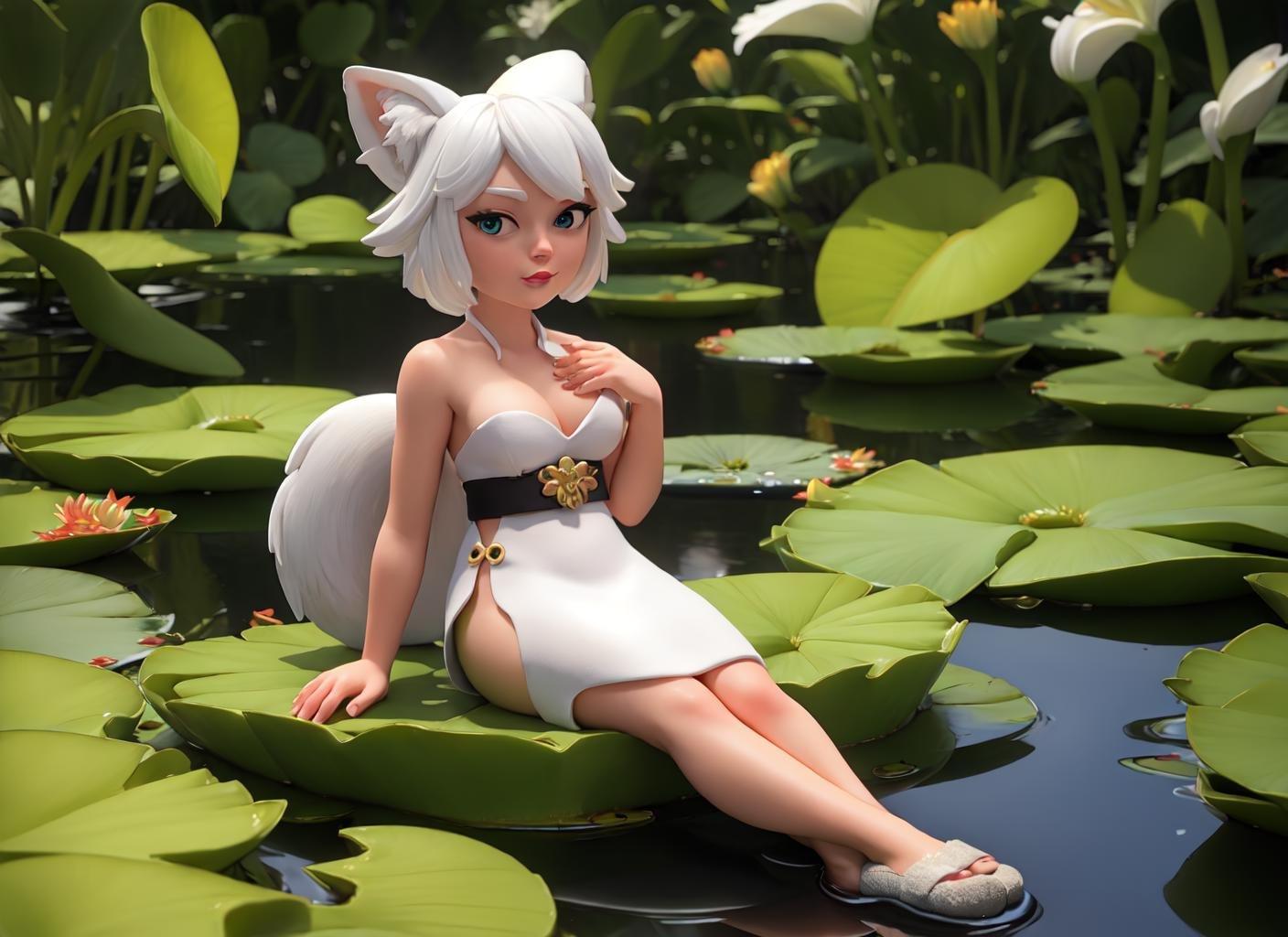 masterpiece, best quality,a woman with white kitsune tails dressed in a fantasy costume sitting on a lily pad, white hair, her hand touching her hair