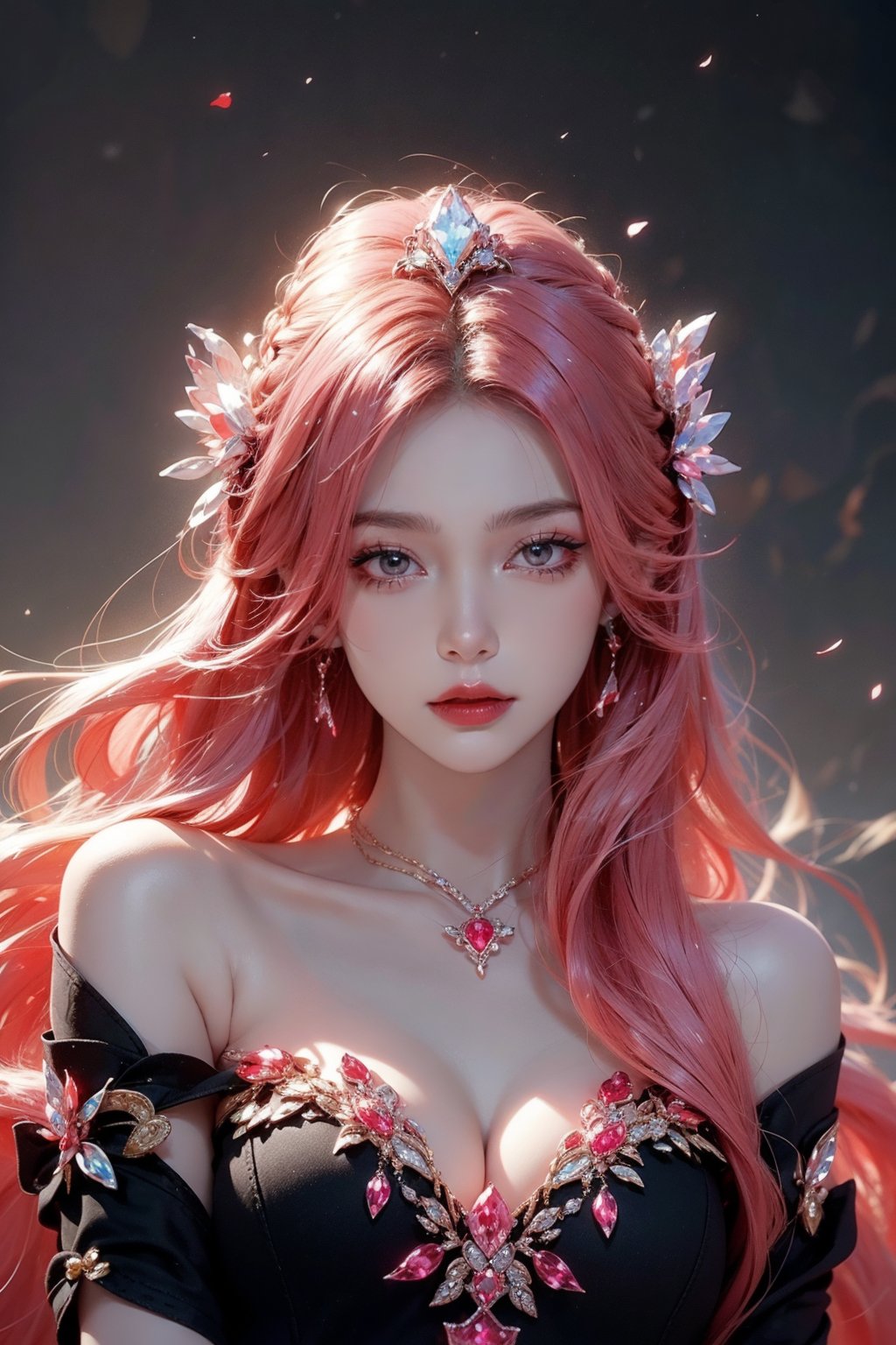 (aerial view,view of city),1girl flying in air,beautiful cute crystal girl in 26 years old, wearing crystal wear, the crystal is evil, black and pink and red glowing crystal, crystal pink hair, the power is every wear, she is evil but cute, the crystal is evil and glowing black and pink and red colors, detailed evil eyes,she has a serious expression and her lips are closed glowing crystal wear, (incredible details, cinematic ultra wide angle, depth of failed, hyper detailed, insane details, hyper realistic, high resolution, cinematic lighting, soft lighting, incredible quality, dynamic shot,,Hair with scenery,baiyueguangya,huliya