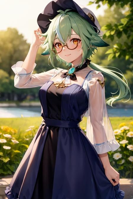 masterpiece, best quality, <lora:sucrose:1>,1girl,  hat, solo, long hair, glasses, smile, green hair, looking at viewer, dress, white dress, orange eyes, animal ears, long sleeves, alternate costume, semi-rimless eyewear, hand on headwear, multicolored hair, flower, blue sky, hair between eyes, blurry, bangs, adjusting headwear, white headwear, sky, ponytail, streaked hair, sun hat, outdoors, depth of field, see-through, sidelocks, low ponytail, breasts, blush, signature, puffy sleeves, vision (genshin impact), casual, day, cat ears, blurry background