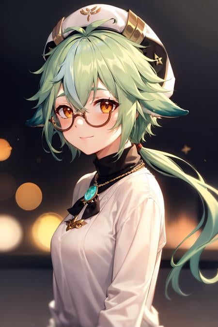 masterpiece, best quality, <lora:sucrose:1>,sucrose (genshin impact), 1girl, solo, hat, glasses, green hair, looking at viewer, animal ears, black headwear, long hair, ponytail, multicolored hair,  upper body, bangs, alternate costume, shirt, round eyewear, closed mouth, from side, orange eyes, low ponytail, streaked hair, vision (genshin impact), looking to the side,cabbie hat, hair between eyes, smile, turtleneck, two-tone hair, black-framed eyewear, contemporary, beret, floppy ears