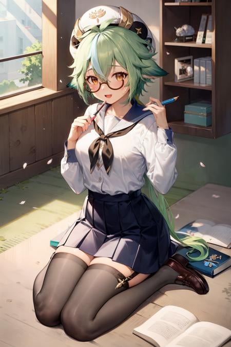 masterpiece, best quality, <lora:sucrose:1>,1girl, skirt, school uniform, thighhighs, hat, cherry blossoms, green hair, blue skirt, pleated skirt, long hair, alternate costume, glasses, long sleeves, open mouth, semi-rimless eyewear, slime (genshin impact), shoes, serafuku, petals, neckerchief, white shirt, book, holding, shirt, red neckerchief, brown footwear, multicolored hair, sailor collar, white headwear, bangs, loafers, pencil, zettai ryouiki, blush, looking at viewer, animal ears, paper, full body, hat removed, solo, streaked hair, headwear removed, orange eyes, hair between eyes, black thighhighs, very long hair, pen, contemporary, hands up, notebook, open book, sidelocks, blue sailor collar, ponytail, under-rim eyewear, brown eyes, low ponytail, floating, blurry, smile, holding book, yellow eyes, eraser, holding pencil, two-tone hair, cat ears, dango