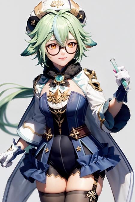 masterpiece, best quality, <lora:sucrose:1>,1girl,sucrose \(genshin impact\), smile,vision \(genshin impact\), ,glasses, green hair,multicolored hair,long hair,ponytail,orange eyes,animal ears, hat,dress,long sleeves, gloves, garter straps, black thighhighs,test tube, grey background, kbxll