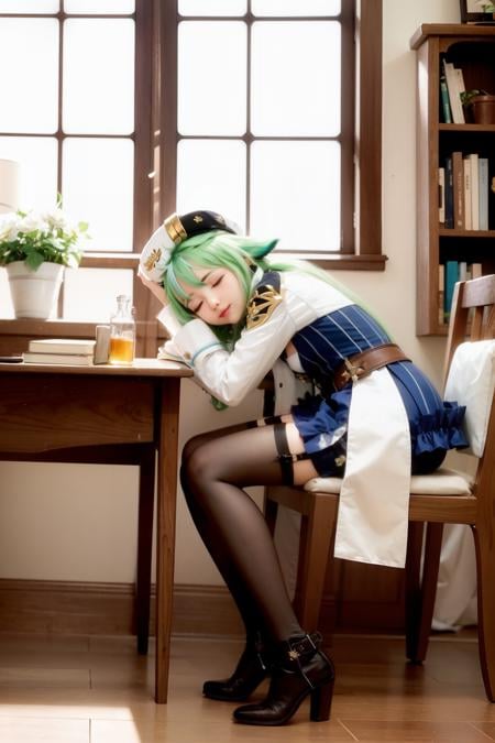 masterpiece, best quality, <lora:sucrose:1>,1girl, sucrose (genshin impact), green hair, sleeping, hat, book, solo, flower, glasses, thighhighs, closed eyes, chair, vision (genshin impact), sitting, headwear removed, animal ears, plant, indoors, hat removed, window, dress, bookshelf, long sleeves, blue dress, gloves, desk, potted plant, book stack, boots, vase, table, paper, beret, gold trim, breasts, yellow flower, long hair, semi-rimless eyewear, flower pot, high heels, white thighhighs, multicolored hair, quill, holding, cat ears, bangs, flask, white gloves, sleeping upright, lamp, white footwear, full body, closed mouth, white headwear, test tube, globe, looking at viewer, day, sunlight, medium breasts, shelf, head rest, ponytail, white flower, blush, sidelocks, leaning forward, butterfly, round eyewear, short hair, grey thighhighs, from side, shadow, cape, garter straps, streaked hair, open book, smile, bug