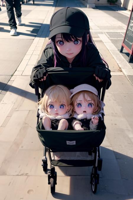 masterpiece, best quality,outdoors,girl,2babys,walking,black jacket,black hat,pushing stroller,2babys in stoller, blonde hair baby,(2babys:1.2)