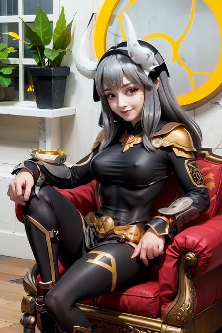 masterpiece, best quality,indoors,sitting,1girl,smile,<lora:qqw-f:0.9>,hiliking,(1girl:1.4),horns,mask on head,yellow eyes,grey hair,long hair,black bodysuit,