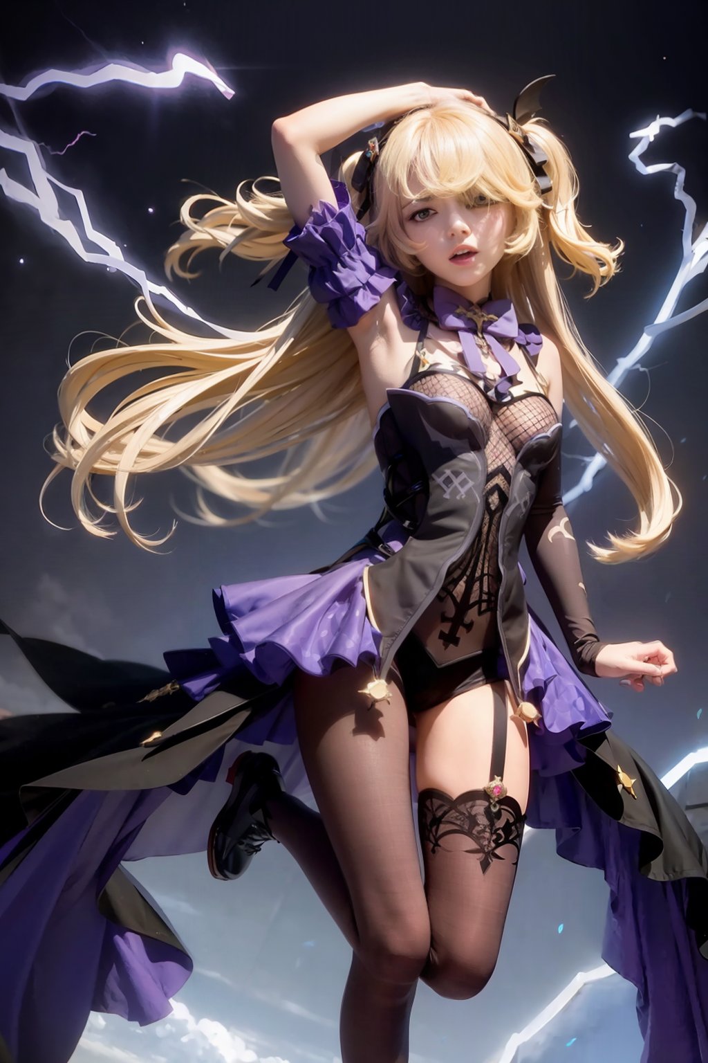 masterpiece, best quality,  <lora:fischl:1>,1girl, fischl (genshin impact), solo, blonde hair, eyepatch, long hair, green eyes, thighhighs, breasts, garter straps, gloves, two side up, looking at viewer, medium breasts, open mouth, bare shoulders, dress, bow, bangs, purple bow, very long hair, single leg pantyhose, single thighhigh, black thighhighs, single glove, black gloves, hair over one eye, purple bowtie, detached sleeves, leg up, ribbon, bodystocking, black dress, electricity, bowtie, standing, armpits, fishnets, arm up, hair ribbon, black footwear, floating hair, standing on one leg, pantyhose, elbow gloves, asymmetrical legwear, black background,kbxll