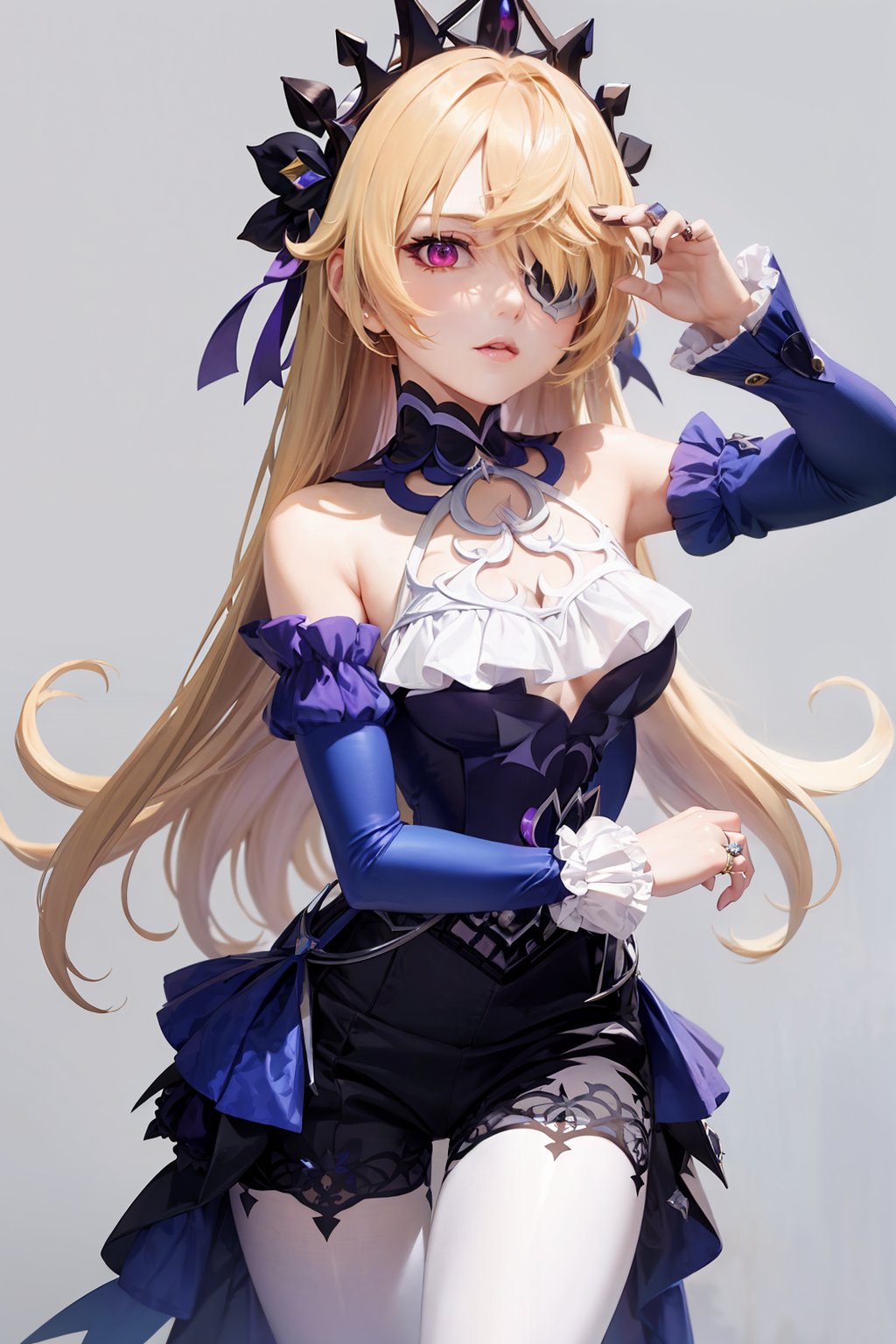 masterpiece, best quality, <lora:fischl:1>,official alternate costume, 1girl,blonde hair, long hair,red eyes,tiara,hair over one eye,white eyepatch,ribbon,ring,purple dress,one leg pantyhose, jewelry,frilled sleeves,  grey background, simple background, 