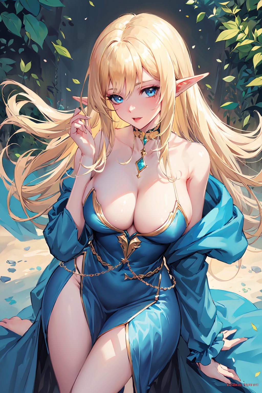 (masterpiece:1.2), best quality,PIXIV, ChihunHentai,1girl, breasts, blonde hair, elf, dressed in a magnificent gown, court dress,forest of magic,  <lora:ChihunHentai_20230709225610-000004:0.9>  