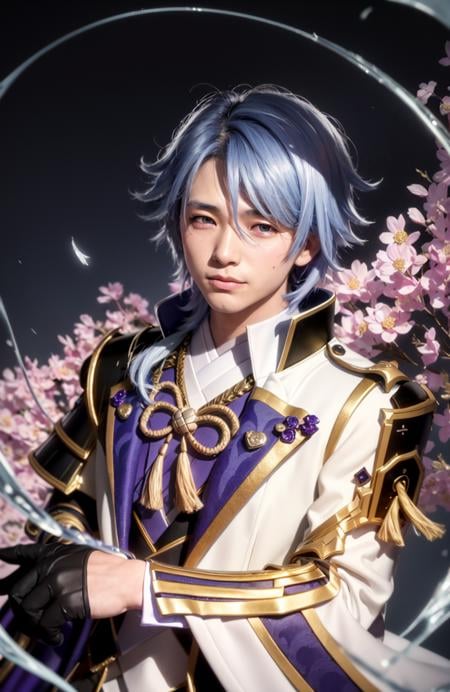 masterpiece, best quality,kamisato ayato, 1boy, japanese armor, male focus, armor, gloves, black gloves, shoulder armor, tassel, solo, mole, purple eyes, bangs, japanese clothes, blue hair, mole under mouth, sode, rain, closed mouth, gold trim, petals, upper body