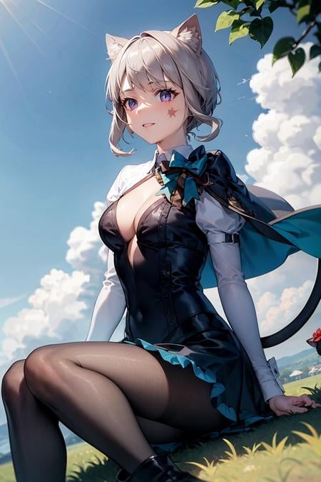 masterpiece, best quality, <lora:lynette:1>,lynette, 1girl, animal ears, cape,bow,long sleeves,puffy sleeves, flower, solo,black pantyhose, cat ears,  tail, sky, sitting, day, cloud, grey hair,  boots, outdoors, short hair, smile, cleavage,shirt,frills skirt, grass, bow, purple eyes, corset,  facial mark, blue sky, red flower, expressionless