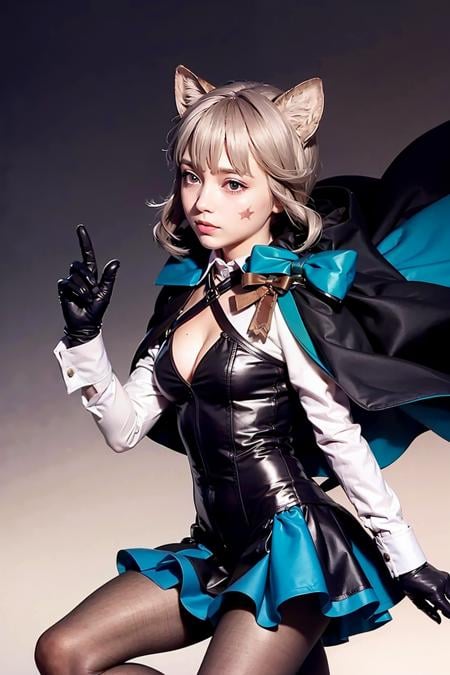 masterpiece, best quality, <lora:lynette:1>,lynette, 1girl, solo, animal ears,black pantyhose, purple eyes,gloves, black gloves, cleavage, skirt, grey hair, long sleeves, bangs, short hair, star (symbol), boots, shirt, cape, bow, animal ear fluff, 