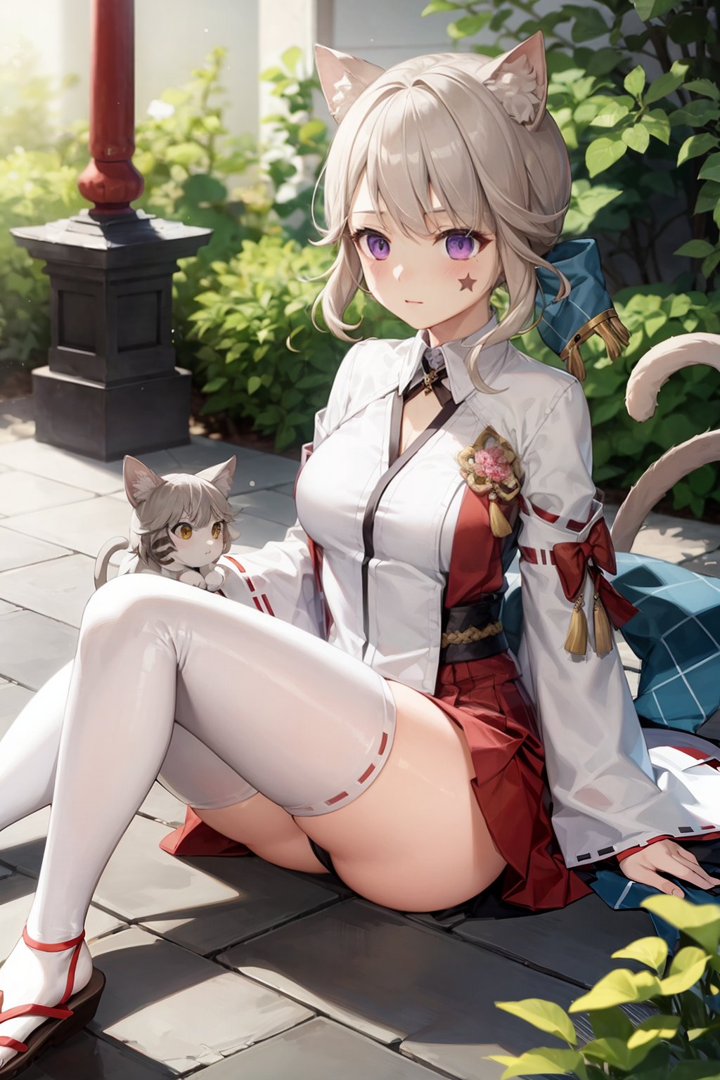 masterpiece, best quality,   <lora:lynette02:0.8>,1girl,hair bow,puple eyes,animal ears,grey hair,short hair,facial mark,cat tail,outdoors,miko,japanese clothes, kimono, sandals, white thighhighs, miko dress