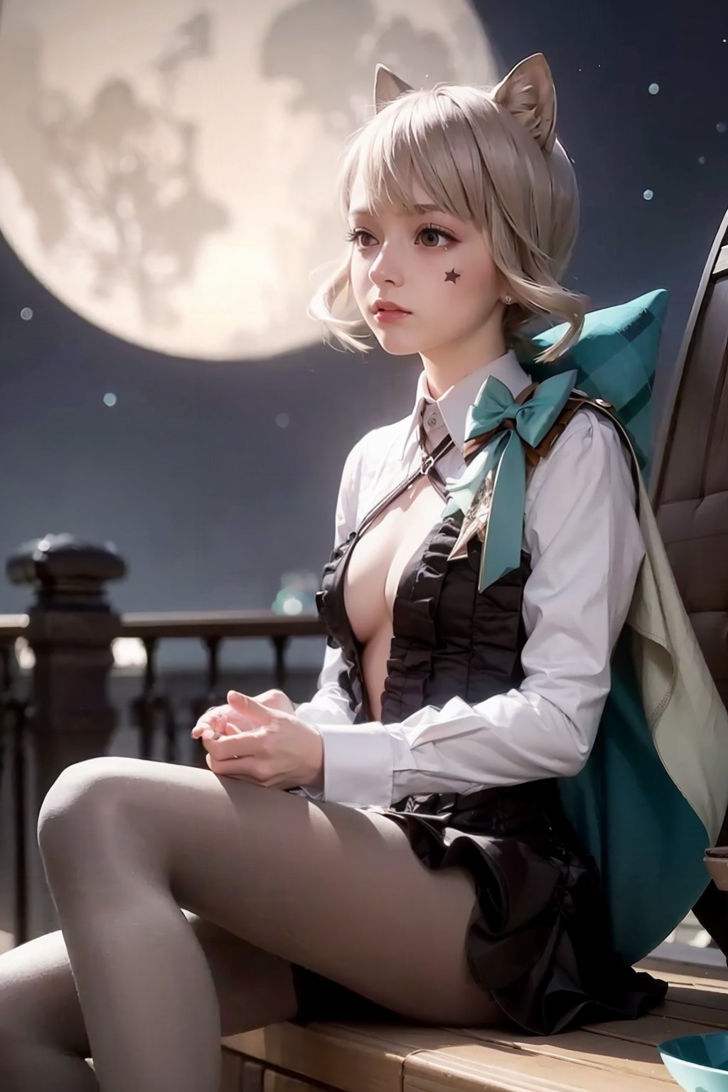 masterpiece, best quality,   <lora:lynette02:1>,1girl,lynette,hair bow,animal ears,grey hair,short hair,facial mark, bow,ribbon,capelet,(black pantyhose:1.2),black boots,tail,outdoors,night,moon,sky,sitting, 