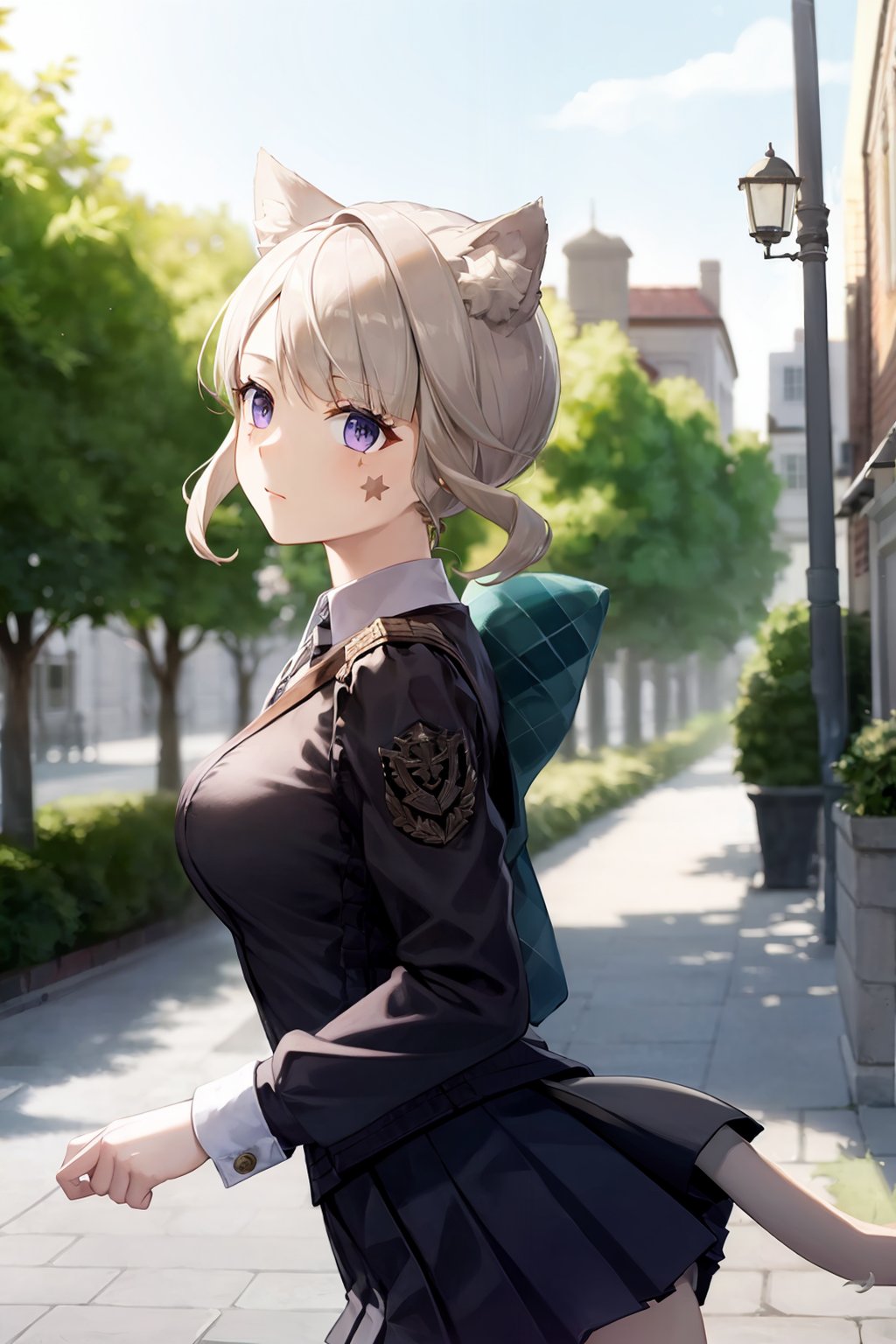 masterpiece, best quality,   <lora:lynette02:1>,1girl,lynette,hair bow,puple eyes,animal ears,grey hair,short hair,facial mark, school uniform,tail,outdoors,school