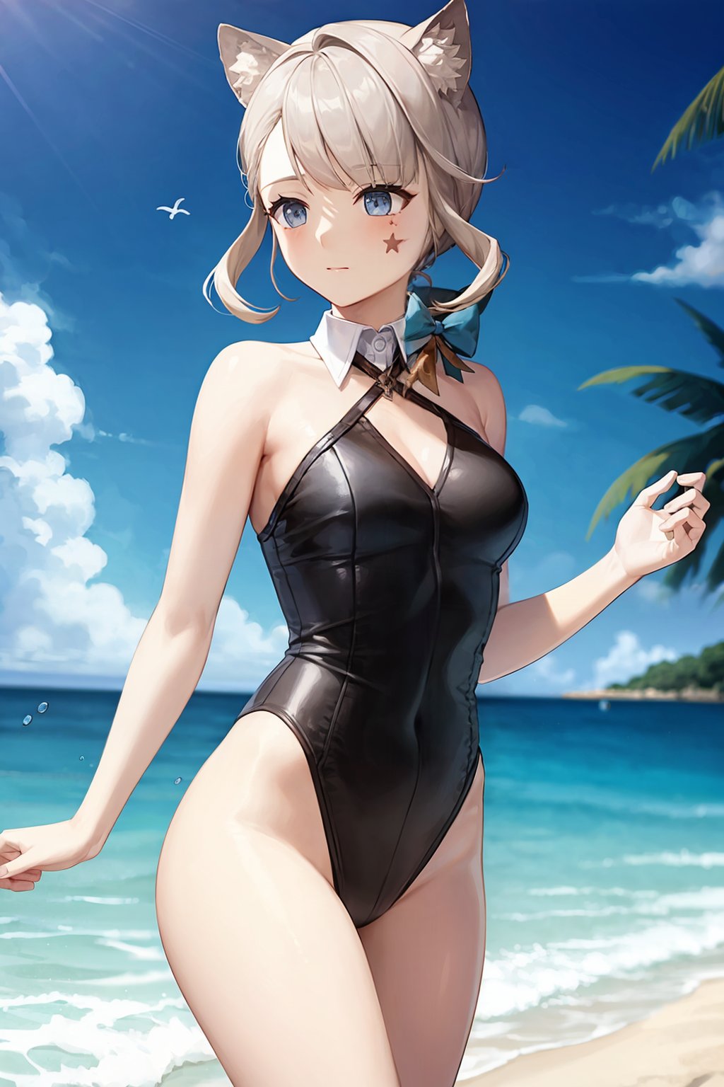 masterpiece, best quality,   <lora:lynette02:1>,1girl,lynette,hair bow,animal ears,grey hair,short hair,facial mark, swimsuit,tail,outdoors,ocean,