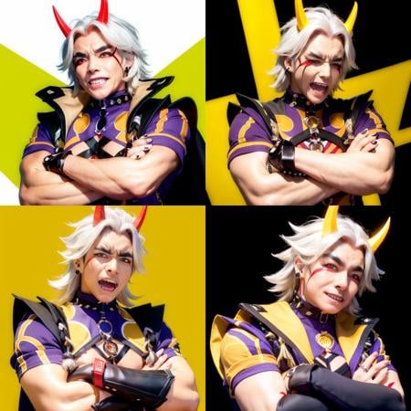 masterpiece, best quality,1boy, male focus, black nails, arataki itto, horns, solo, crossed arms, closed eyes, white hair, open mouth, yellow background, spikes, vision (genshin impact), simple background, jewelry, upper body, smile