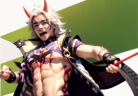 masterpiece, best quality,1boy, horns, male focus, arataki itto, solo, long hair, abs, red horns, white hair, white background, vision (genshin impact), arms up, simple background, spikes, open mouth, oni horns, crop top, navel