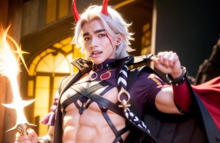 masterpiece, best quality,male focus, 1boy, horns, arataki itto, solo, vision (genshin impact), long hair, open mouth, twitter username, abs, weapon, oni horns, black nails, spikes, white hair, red eyes, body markings, red horns, holding weapon, jewelry, holding, pants, sleeveless coat, bodypaint, navel, oni, chest harness, harness, smile