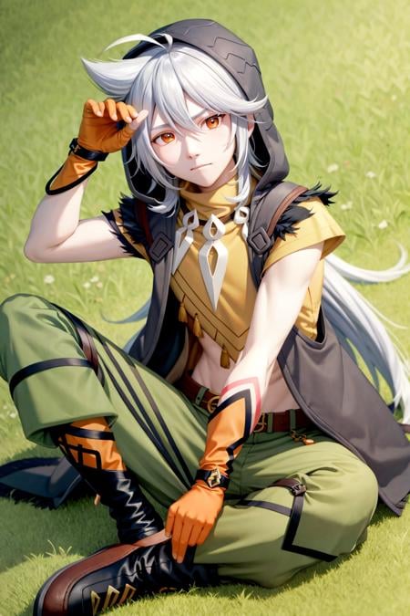 masterpiece, best quality,razor (genshin impact), male focus, 1boy, long hair, gloves, scar, red eyes, solo, scar on face, sitting, grey hair, orange gloves, hood, boots, pants, hood up, closed mouth, green pants, bangs, hair between eyes,(kbxll:0.6)