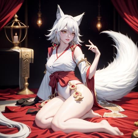 masterpiece, best quality,1girl, animal ears, tail, solo, japanese clothes, fox ears, white hair, fox tail, yellow eyes, looking at viewer,(kbxll:0.6)