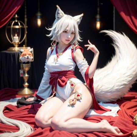 masterpiece, best quality,1girl, animal ears, tail, solo, japanese clothes, fox ears, white hair, fox tail, yellow eyes, looking at viewer,(kbxll:0.6)