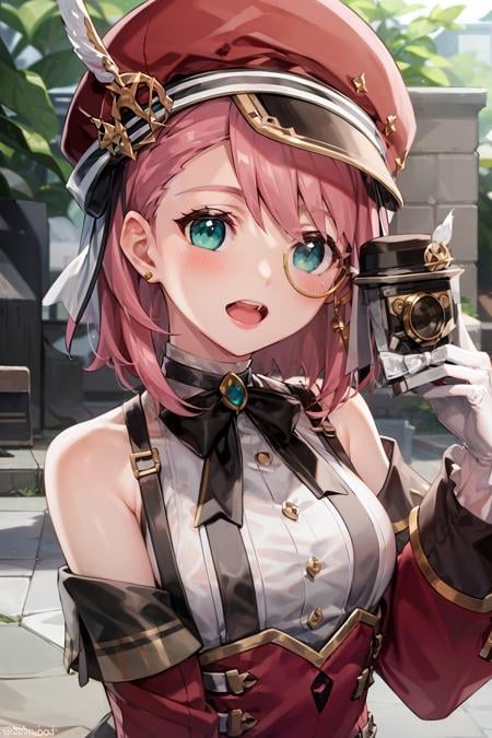 masterpiece, best quality, <lora:charlotte-v1:0.8>,1girl, holding,camera,solo, hat, pink hair, monocle, red headwear, holding, smile, gloves, open mouth, looking at viewer, white gloves, bare shoulders, bangs, hair between eyes, green eyes, shirt, :d, cabbie hat, long sleeves, upper body, bow, twitter username, upper teeth only, medium hair, white shirt, teeth, blush, sleeveless, ribbon, book, short hair, off shoulder, round eyewear, holding book, sleeveless shirt, glasses, black bow, detached sleeves, jewelry, virtual youtuber, aqua eyes