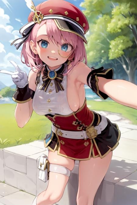 masterpiece, best quality, <lora:charlotte02:0.7>,<lora:style04:1>,1girl, breasts, pink hair, gloves, hat,grin, white gloves, looking at viewer,selfie,blue eyes, thigh strap, outdoors, red headwear, bare shoulders, bangs, :p, sideboob, smile, hair ornament, armpits, leaning forward, day, solo focus, dress, medium breasts, belt, jewelry, short hair