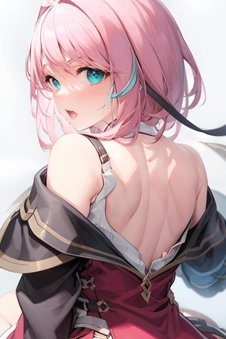 masterpiece, best quality, <lora:charlotte02:0.7>,<lora:style01:1>,1girl, solo, pink hair, white background, simple background, looking at viewer, open mouth, looking back, bangs, sitting, sleeveless, breasts, short hair, bare shoulders, dress, suspenders, red dress, jacket, bare back, green eyes, shoulder blades, from behind, braid, back, backless outfit, hand up, aqua eyes