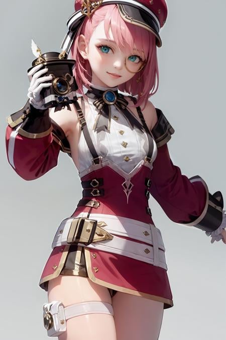 masterpiece, best quality, <lora:charlotte02:1>,1girl,little girl,smile, hat, pink hair, gloves, bare shoulders, belt, green eyes,thigh strap, detached sleeves, white shirt, monocle, short hair, jewelry,ribbon, hat feather, grey background, holding camera