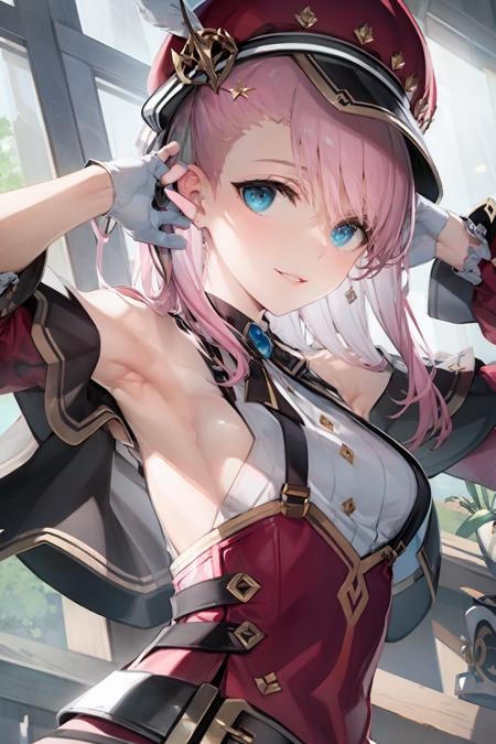 masterpiece, best quality, <lora:charlotte02:0.7>,<lora:style01:1>,1girl, solo, hat, pink hair,monocle, gloves, white gloves, breasts, shirt, detached sleeves, white shirt, looking at viewer, parted lips, upper body, bangs, armpits, red headwear, smile, sleeveless shirt, long sleeves, long hair, sleeveless, virtual youtuber, green eyes, medium breasts, arm up, hair between eyes, bare shoulders, frills, ribbon, blue eyes, sideboob, suspenders, neck ribbon