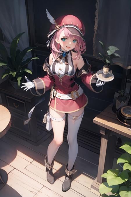 masterpiece, best quality, <lora:charlotte02:0.7>,<lora:style01:0>,1girl, pink hair, gloves, hat, solo, open mouth, red headwear, white gloves, smile, looking at viewer, full body, curtains, book, plant, breasts, thigh strap, boots, potted plant, detached sleeves, holding, green eyes, :d, table, belt, black background, standing, bangs, quill, long sleeves, medium hair, teeth