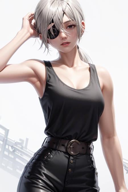 masterpiece, best quality,quanxi (chainsaw man),1girl, solo, black tank top, eyepatch, belt, tank top,breasts, pants, white hair, black pants, long hair, ponytail,(kbxll:0.6)