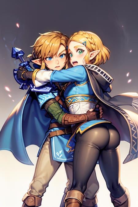 masterpiece, best quality,   <lora:lxz-000010:1> ,1girl, princess zelda, link, 1boy, pointy ears, blonde hair, blue eyes, sword, weapon, cape, ass, green eyes, gloves, hair ornament, hairclip, open mouth, short hair, master sword, hug, braid, earrings, ponytail, jewelry, blush, fingerless gloves, boots, pants