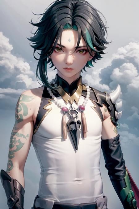 masterpiece, best quality,1boy, male focus, solo, xiao (genshin impact), gloves, tattoo, arm tattoo, necklace, cloud, jewelry, mask, green hair, bead necklace, multicolored hair, beads, yellow eyes, looking at viewer, (grey background:1.4),(kbxll:0.6)