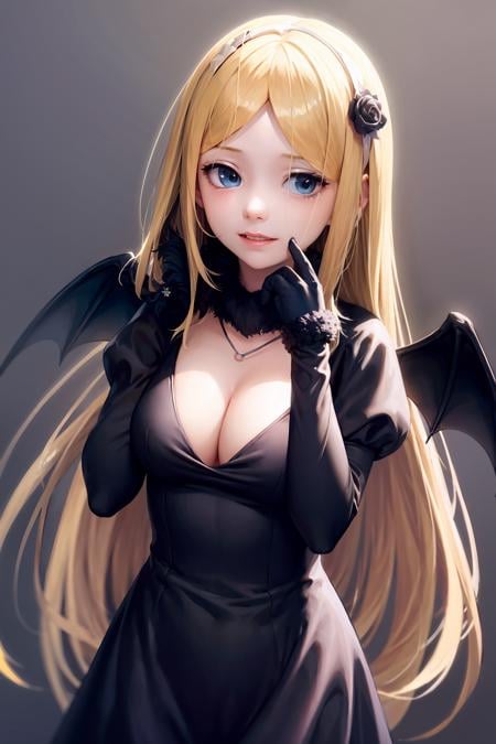 masterpiece, best quality,1girl,black dress,cleavage,wings,grey background, 