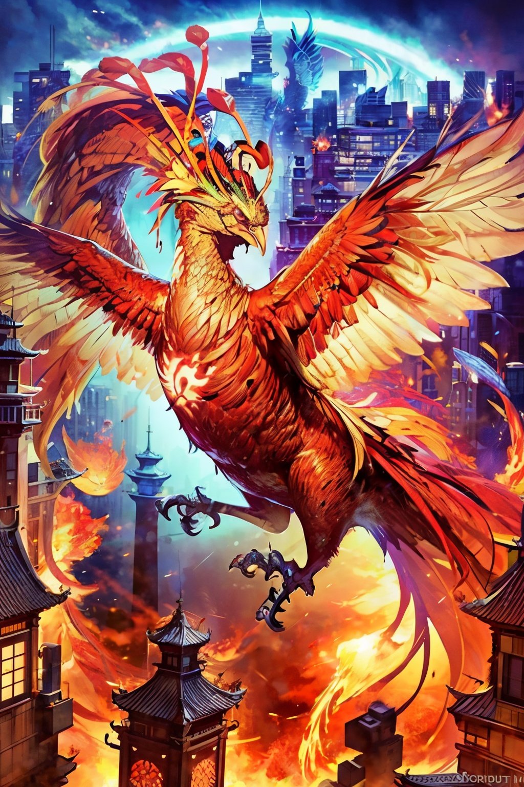 (Best quality),masterpiece,ultra high res,(photorealistic:1.4),Detailed face,perspective view,sky,town,city,solo,upper body,east asian architecture,sheath,architecture,halo,(no humans),(fenghuang),(phoenix),bird,flying,fire,midair,Birds flying through the air,a city surrounded by fire,Fractal Art,Fire energy,glowing,breathing fire,<lora:phoenix_v1.0:0.8>,