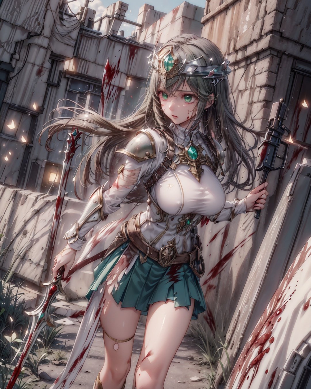 (pov), solo, nephenee fe, green long hair, green eyes, skirt, thigh band, helmet, armor, breastplate, torn clothes, weapon, right hand spear, large round shield on left hand, holding, holding weapon, multiple pose, multiple focus, (medieval fantasy-style outdoors, drive away with attacks, extreme attack, miracle attack, blood splatter), (art cg, ultra-detailed, best quality, illustration, particle lighting, unity 8k wallpaper, beautiful detailed glow, an extremely delicate and beautiful:1.3), gleaming skin, shiny hair, detailed and delicate costumes,(solo:1.55)