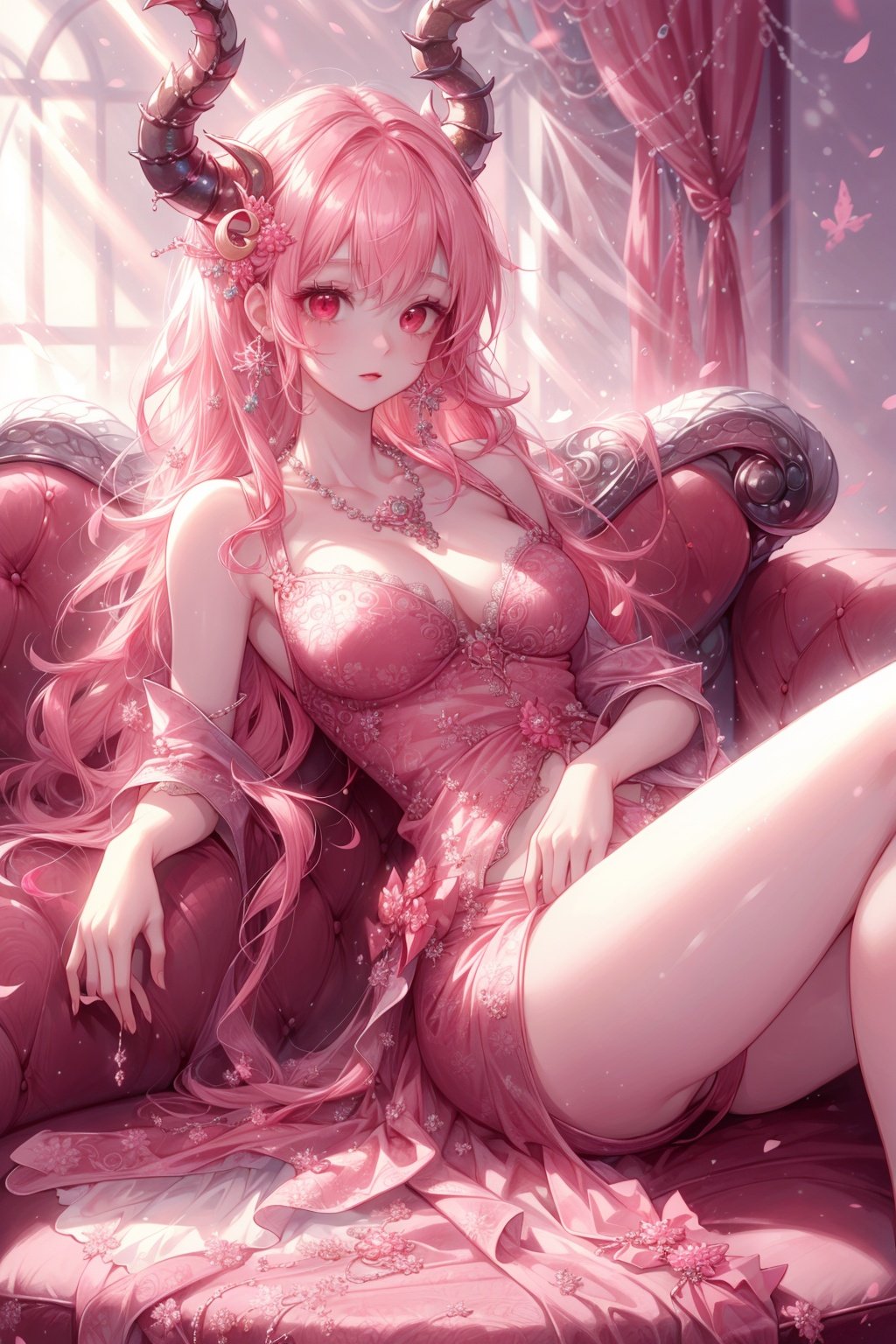 (Masterpiece, best quality:1.4), (ultra-detailed), color full, God rays, ray tracing, beautiful detail eyes, extremely detailed, hyper detailed, highres, good anatomy, (((best quality))), (an extremely delicate and beautiful), an extremely detailed and delicate, 8k cg wallpaper, 
, , , 
(Dragon girl), Dragon tail, Dragon Wings, Dragon horns, pink hair, red eyes, beautiful, luxurious sofa, lying on an ornate and luxurious sofa, pink and multicolored scales, lying on sofa, jewellery, hair ornament, jewelry, crescent hair ornament, carrot hair ornament, hair beads, necklace, bow, 
,yuzu,1 girl